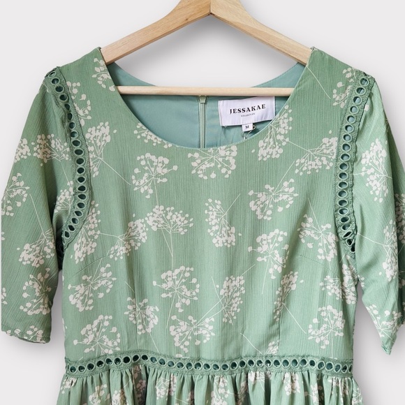 NWT JessaKae Sage Green Short Sleeve Flowy Knee Length Midi Dress, size M - Picture 3 of 7